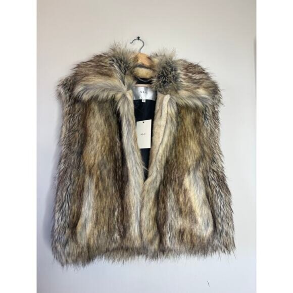 NWT A.L.C. Naya Faux Fur Vest  Point Collar And Sleeveless Brown Coyo Sz: Medium - Picture 2 of 7
